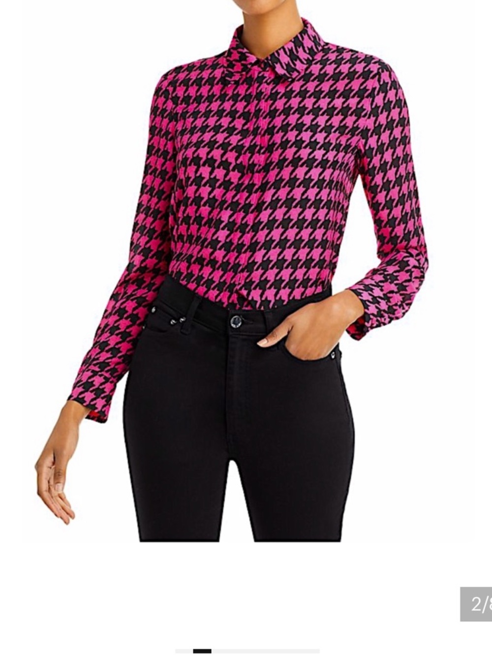 Alice & Olivia Pink and Black Houndstooth Button-Up Blouse